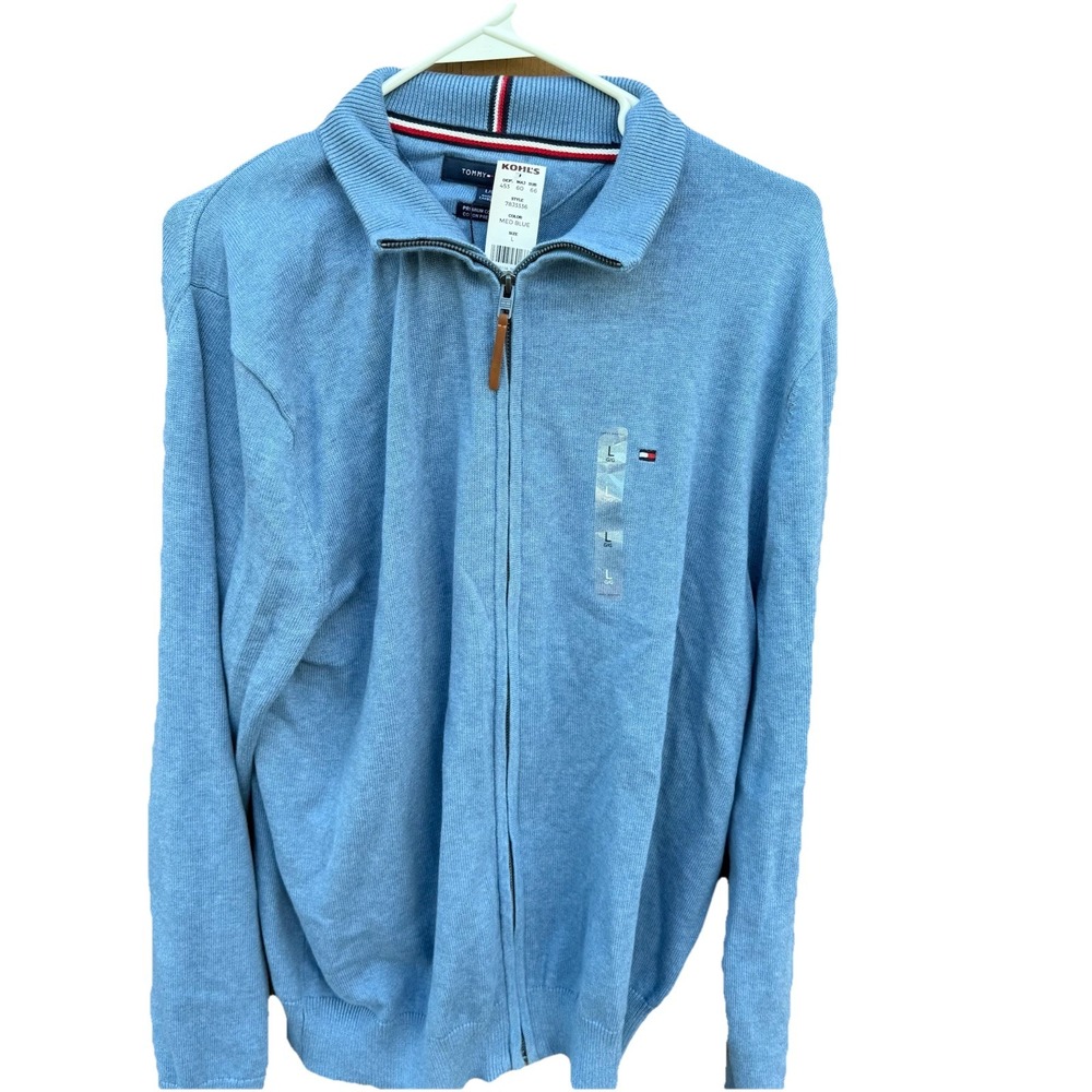 Tommy Hilfiger Sweater Cardigan Mens Size Large Blue Zip Up Academia Grandpa New